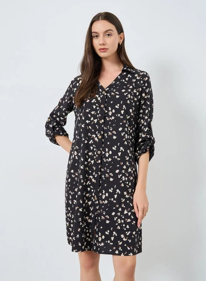 Take Two Black Graphic Print Knee-Length Shirt Dress