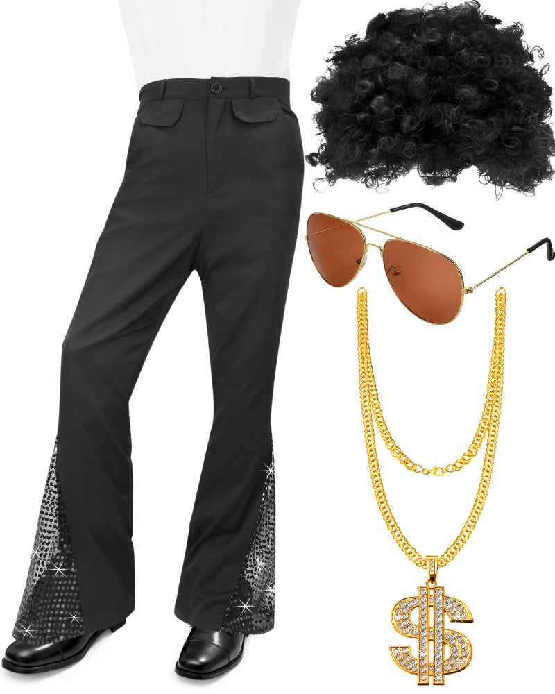 Coume Mens 70s Disco Costume 70s Outfits Disco Pants Bell Bottom Pants with Wig Sunglasses Necklace for Halloween Cosplay PartyMedium