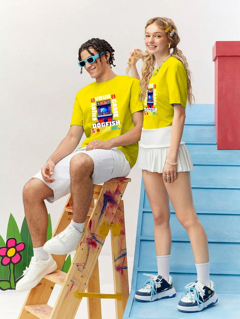 دوغ فش Lover Combination Couple Classic Pixels Timeless Fun Printed Oversize Cotton T-Shirt 2-Pack