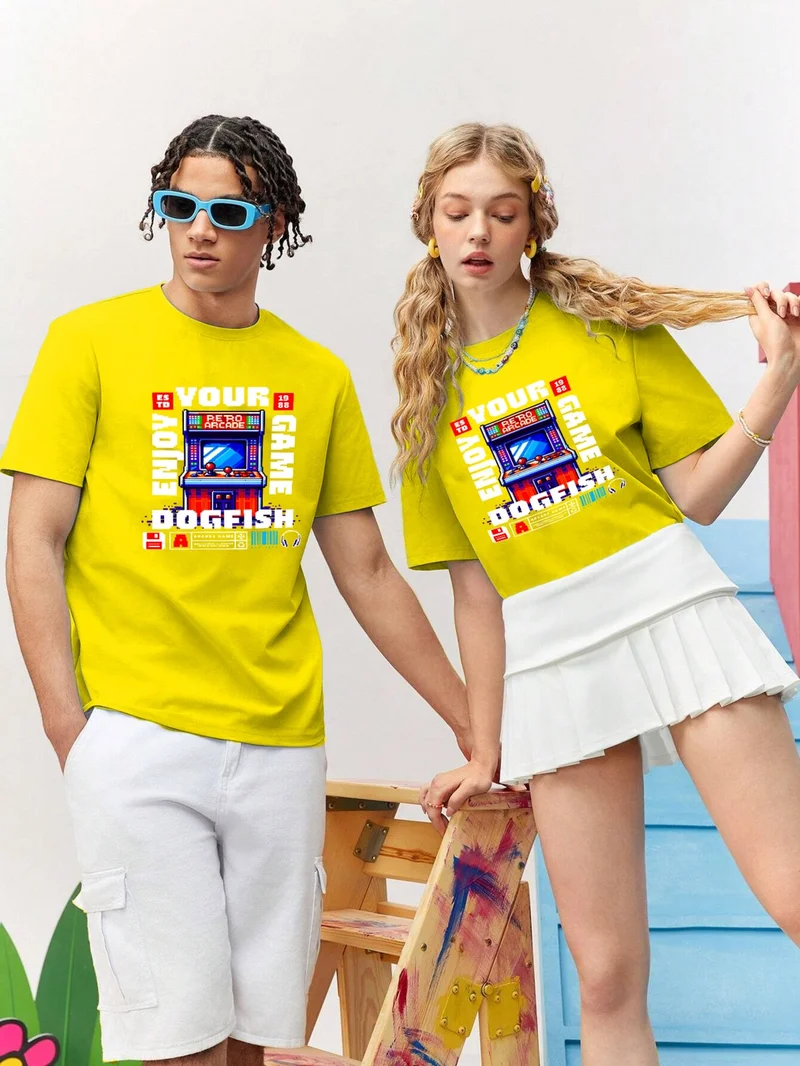 دوغ فش Lover Combination Couple Classic Pixels Timeless Fun Printed Oversize Cotton T-Shirt 2-Pack