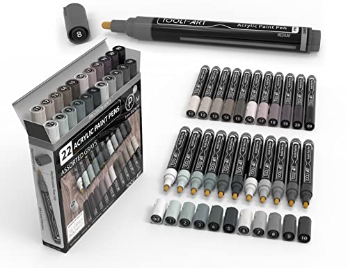 TOOLI-ART TOOLIART 22 Acrylic Paint Markers Paint Pens Pro Color Series Set 3mm Medium Tip for Rock Painting Glass Mugs Wood Metal Glass Paint Canvas DIY Non Toxic Waterbased Quick Drying GRAYS - Image 1