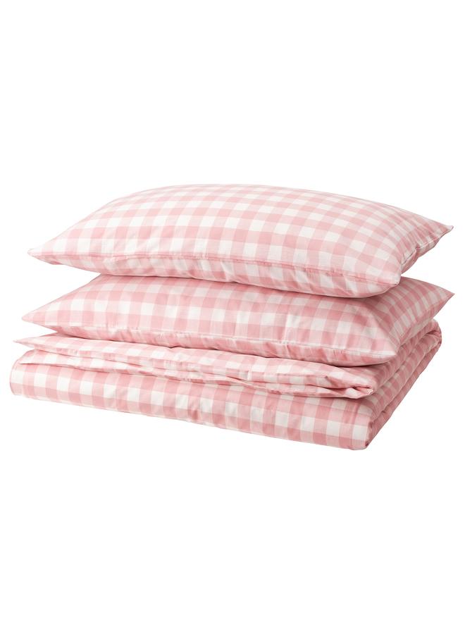 Zaboon Duvet cover and 2 pillowcases, light pink white/check, 240x220/50x80 cm - Image 1