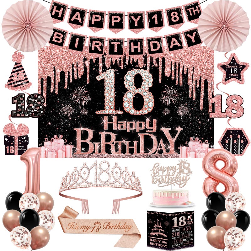 Juesly 18th Birthday Decorations for Girls,32PCS 18th Birthday Party Decorations,Including Backdrop, Crown, Sash, banner, Hanging Swirl,Cake Topper,balloons, Anniversary Card and Paper Fans - Image 1