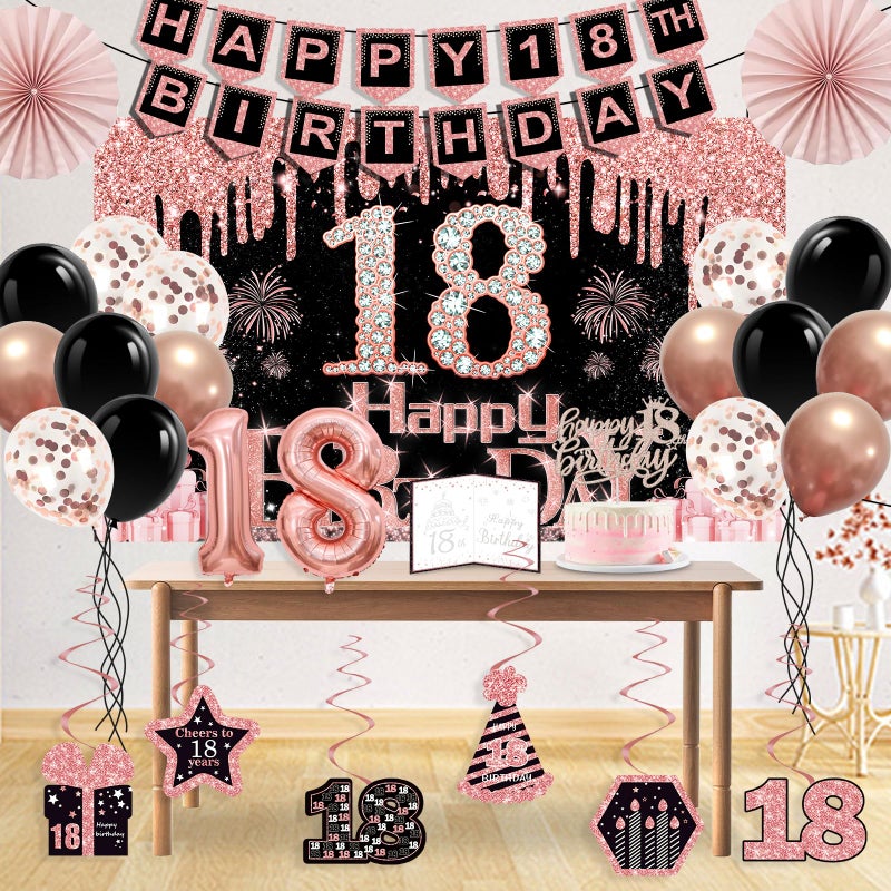Juesly 18th Birthday Decorations for Girls,32PCS 18th Birthday Party Decorations,Including Backdrop, Crown, Sash, banner, Hanging Swirl,Cake Topper,balloons, Anniversary Card and Paper Fans - Image 4