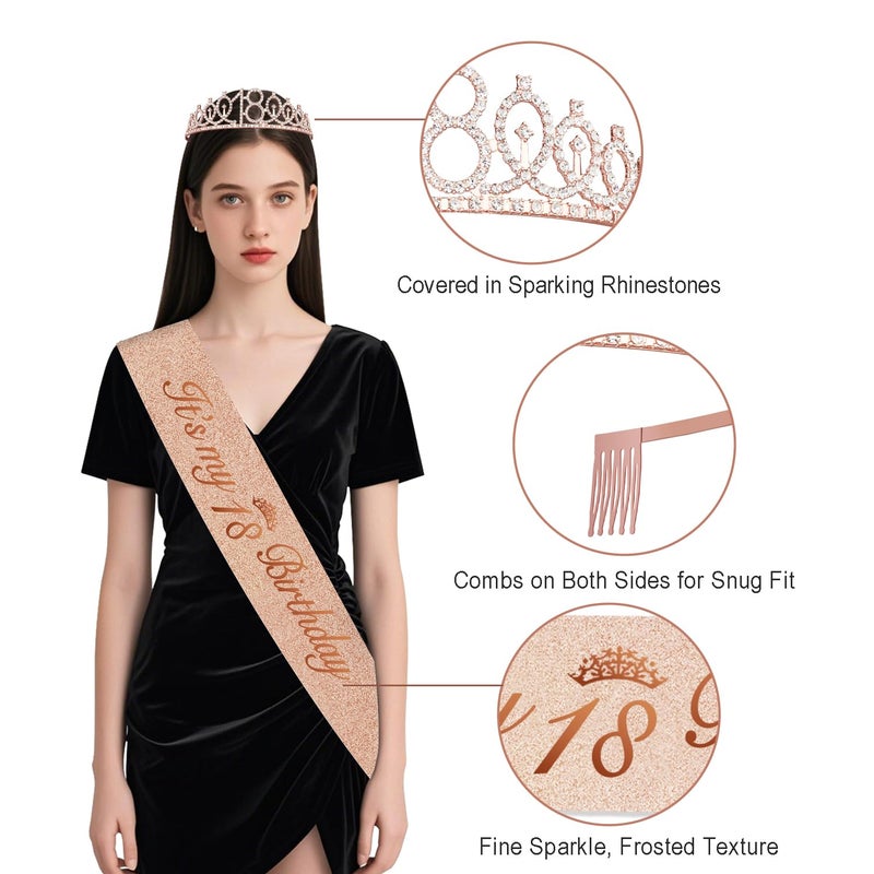 Juesly 18th Birthday Decorations for Girls,32PCS 18th Birthday Party Decorations,Including Backdrop, Crown, Sash, banner, Hanging Swirl,Cake Topper,balloons, Anniversary Card and Paper Fans - Image 3