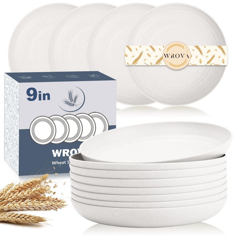 Wrova Wheat Straw Plates - 9 Inch Unbreakable Dinner Plates Set of 8 - Dishwasher & Microwave Safe Plastic Plates Reusable for Kitchen and Camping (white) - Image 1