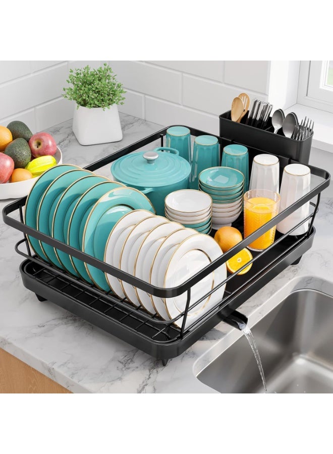 رف تجفيف الأطباق من الفولاذ المقاوم للصدأ لطاولة المطبخ وتنظيم الحوض وأساسيات التخزين مع حامل أدوات فضية وأواني، ديكور المنزل والشقة، مقاس 12 بوصة عرض × 15.5 بوصة طول، أسود - Image 1