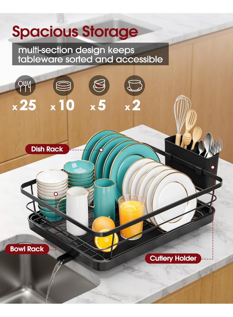 رف تجفيف الأطباق من الفولاذ المقاوم للصدأ لطاولة المطبخ وتنظيم الحوض وأساسيات التخزين مع حامل أدوات فضية وأواني، ديكور المنزل والشقة، مقاس 12 بوصة عرض × 15.5 بوصة طول، أسود - Image 4