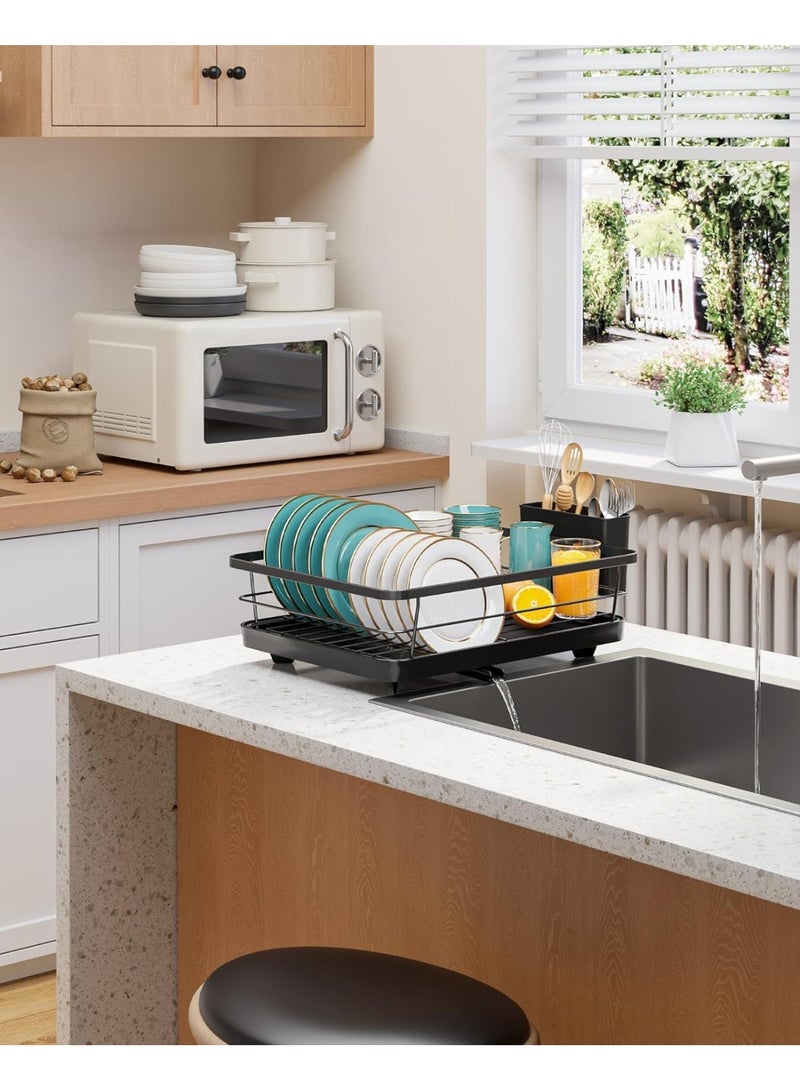 رف تجفيف الأطباق من الفولاذ المقاوم للصدأ لطاولة المطبخ وتنظيم الحوض وأساسيات التخزين مع حامل أدوات فضية وأواني، ديكور المنزل والشقة، مقاس 12 بوصة عرض × 15.5 بوصة طول، أسود - Image 5