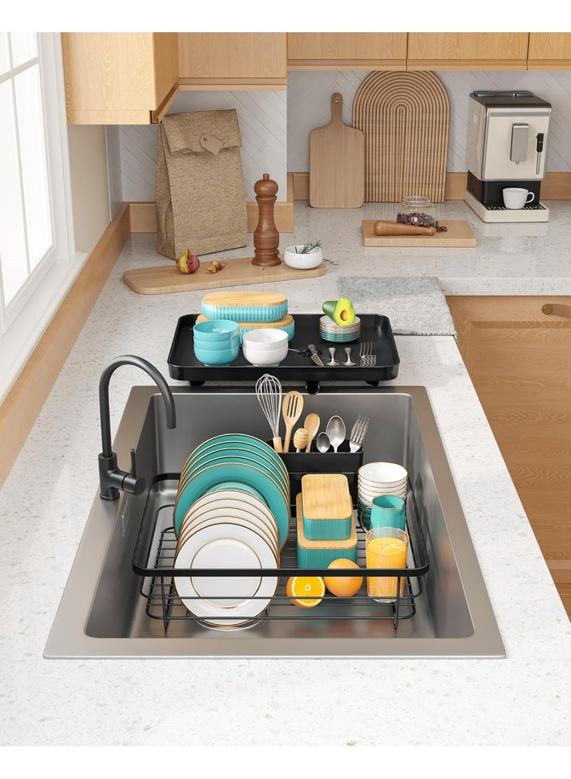 رف تجفيف الأطباق من الفولاذ المقاوم للصدأ لطاولة المطبخ وتنظيم الحوض وأساسيات التخزين مع حامل أدوات فضية وأواني، ديكور المنزل والشقة، مقاس 12 بوصة عرض × 15.5 بوصة طول، أسود - Image 2