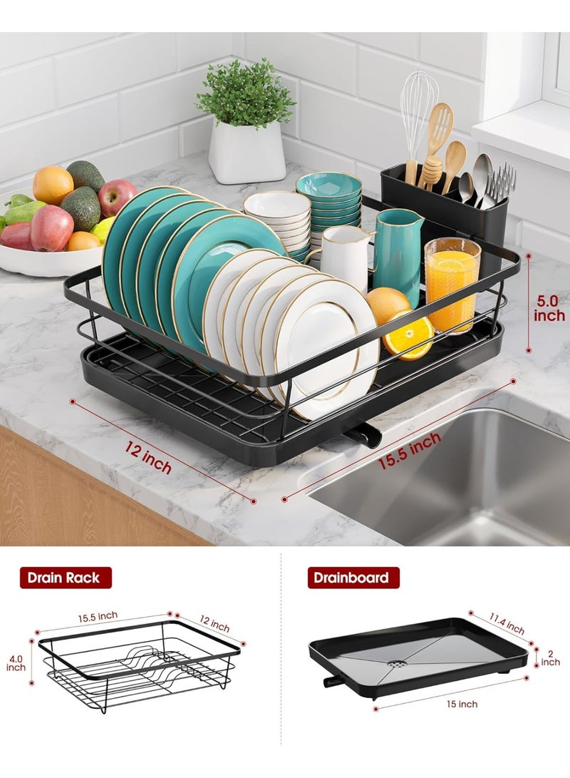 رف تجفيف الأطباق من الفولاذ المقاوم للصدأ لطاولة المطبخ وتنظيم الحوض وأساسيات التخزين مع حامل أدوات فضية وأواني، ديكور المنزل والشقة، مقاس 12 بوصة عرض × 15.5 بوصة طول، أسود - Image 3