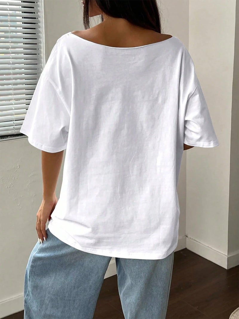 SXV STYLE Women's Off Shoulder White T-Shirt with Pink Bow i am just a Girl Print (in, Alpha, 2XL, White) - Image 5