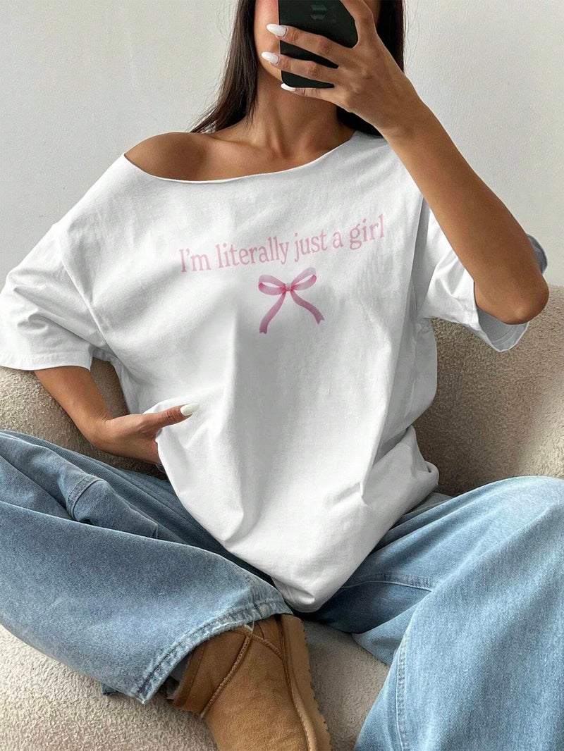 SXV STYLE Women's Off Shoulder White T-Shirt with Pink Bow i am just a Girl Print (in, Alpha, 2XL, White) - Image 4