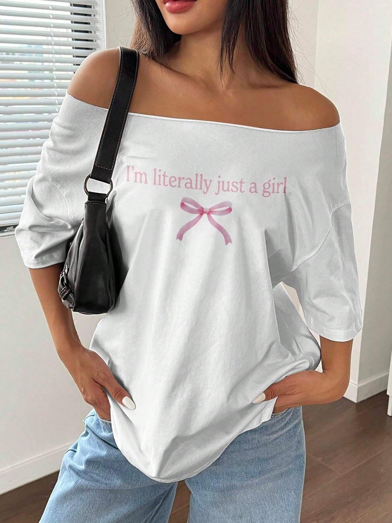 SXV STYLE Women's Off Shoulder White T-Shirt with Pink Bow i am just a Girl Print (in, Alpha, 2XL, White) - Image 3