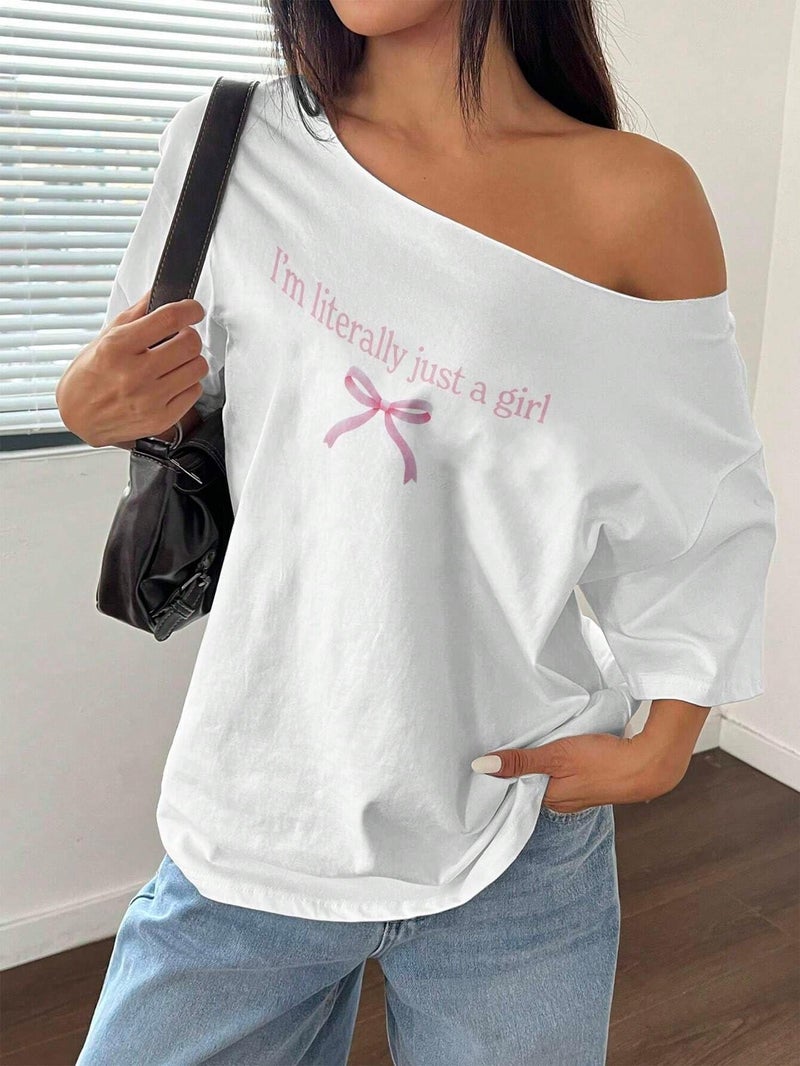 SXV STYLE Women's Off Shoulder White T-Shirt with Pink Bow i am just a Girl Print (in, Alpha, 2XL, White) - Image 2
