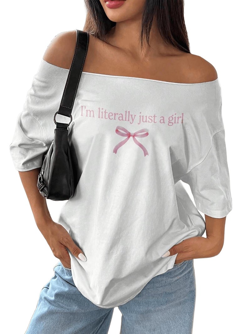 SXV STYLE Women's Off Shoulder White T-Shirt with Pink Bow i am just a Girl Print (in, Alpha, 2XL, White) - Image 1
