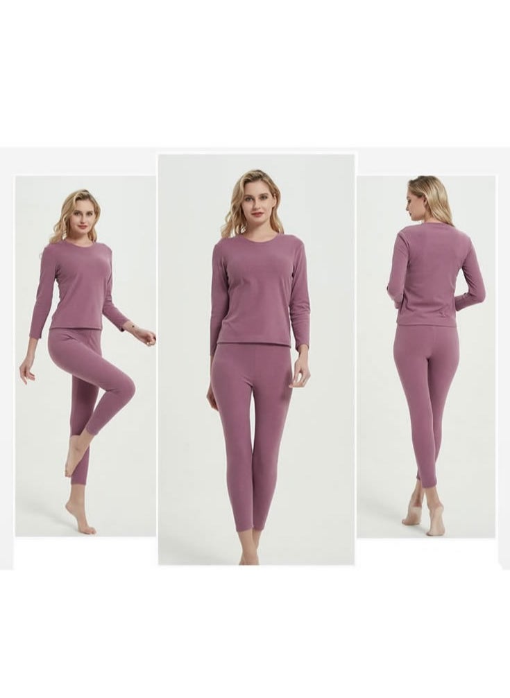 Nanjiren - Round Neck Double-Sided Wool Warm Pajama Set For Women's Autumn Clothes And Pants Cold Weather Warm Underwear In Purple - Image 1