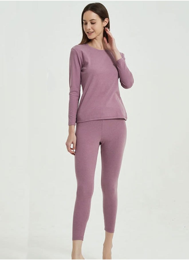 Nanjiren - Round Neck Double-Sided Wool Warm Pajama Set For Women's Autumn Clothes And Pants Cold Weather Warm Underwear In Purple - Image 1