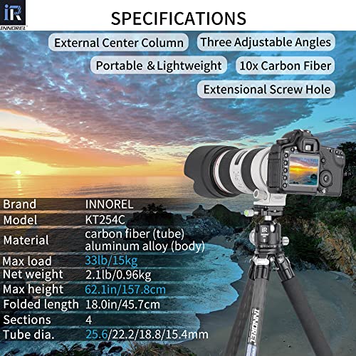 Innorel Carbon Fiber Tripod Monopod INNOREL KT254C Professional Portable Compact Travel Tripod for DSLR Camera Stand Support 1.01in/25.6mm Tube Load 33lb/15kg with Adjustable Extension Pole - Image 2