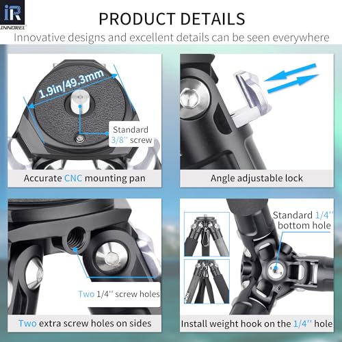 Innorel Carbon Fiber Tripod Monopod INNOREL KT254C Professional Portable Compact Travel Tripod for DSLR Camera Stand Support 1.01in/25.6mm Tube Load 33lb/15kg with Adjustable Extension Pole - Image 3