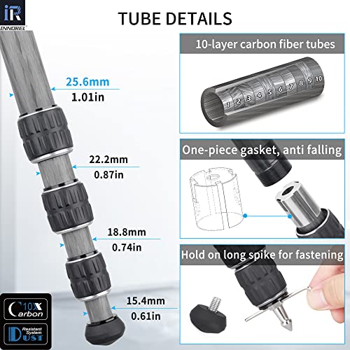 Innorel Carbon Fiber Tripod Monopod INNOREL KT254C Professional Portable Compact Travel Tripod for DSLR Camera Stand Support 1.01in/25.6mm Tube Load 33lb/15kg with Adjustable Extension Pole - Image 5