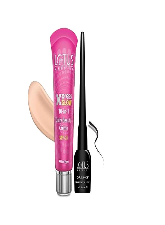 Lotus Makeup Instant Beauty Combo | XpressGlow Day Cream Bright Angel SPF 25 30g | Opulence Botanical Black Eye Liner 4g | 2 Product Combo | 34g