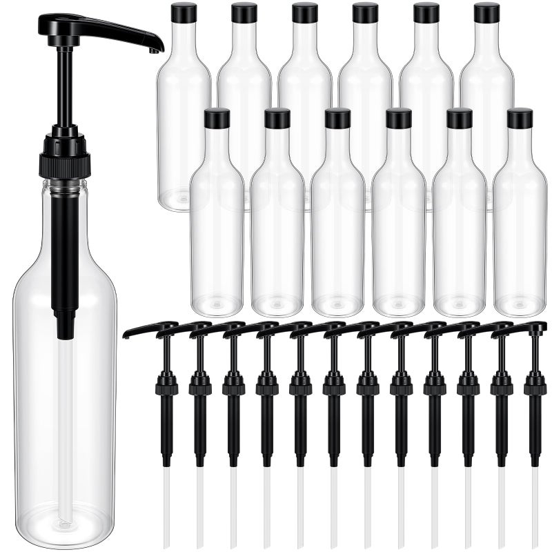 Maxdot 12 Pcs 25 oz Syrup Bottles with Pump Long Neck Bottles Plastic Syrup Pump Dispenser for Coffee Bar Accessories Home Party (Black) - Image 1