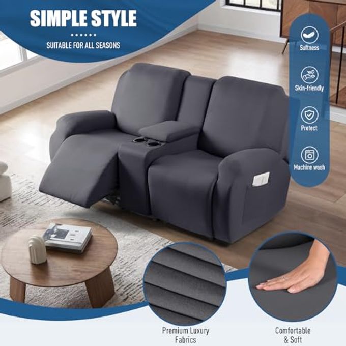 TAOCOCO Reclining Loveseat with Middle Console Slipcover, 4 Piece Polyester Fabric Stretch Loveseat Reclining Sofa Covers (Dark Gray, 2 Seat Recliner Cover with Console) - Image 5