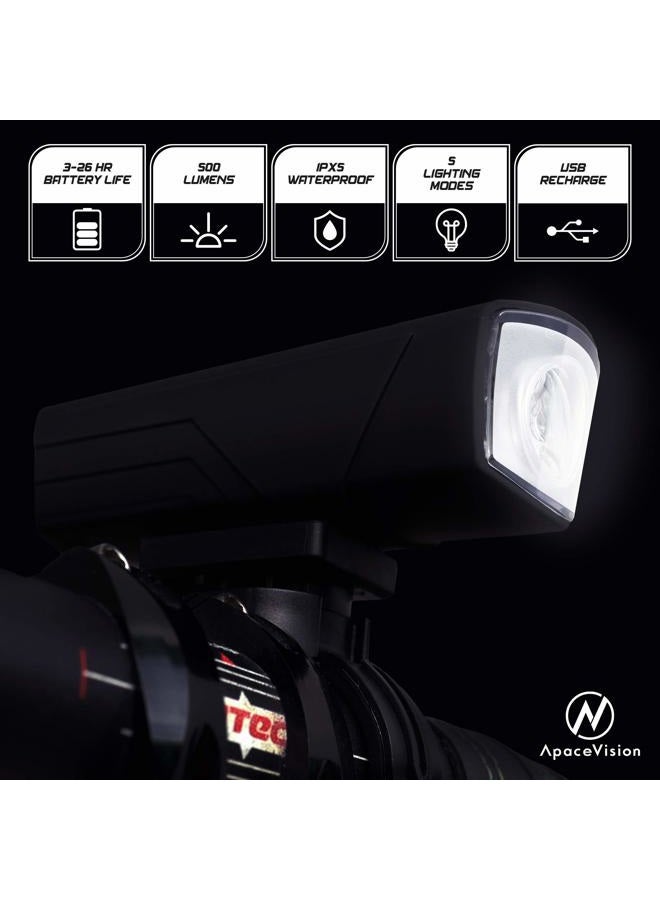 Apace Vision 500 Lumens Bike Light Set USB Rechargeable - Powerful Bicycle Headlight & LED Tail Light Combo - Super Bright IPX5 Waterproof MTB Road Commuter Front and Back Cycle Lights by - Image 2