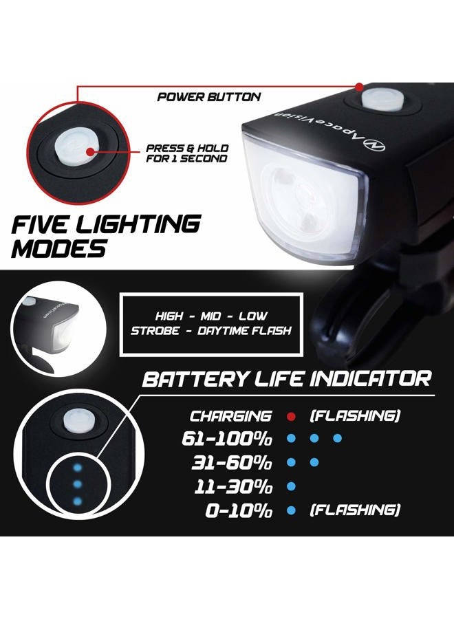Apace Vision 500 Lumens Bike Light Set USB Rechargeable - Powerful Bicycle Headlight & LED Tail Light Combo - Super Bright IPX5 Waterproof MTB Road Commuter Front and Back Cycle Lights by - Image 5