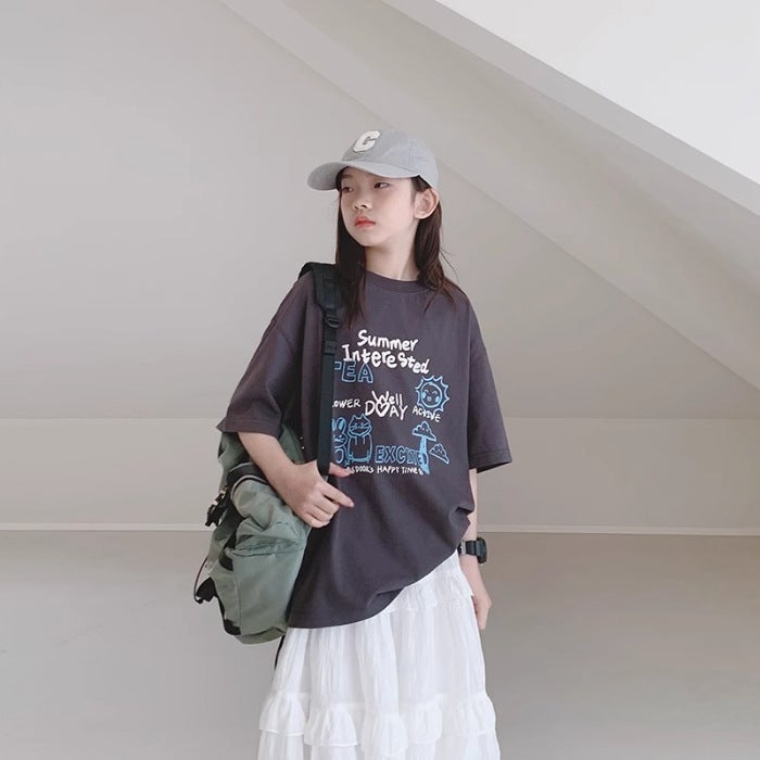 Girls' T-Shirt 2026 Style For Older Girls, Middle School Students, Printed Short-Sleeve Loose Top For Children, Trendy - Image 1