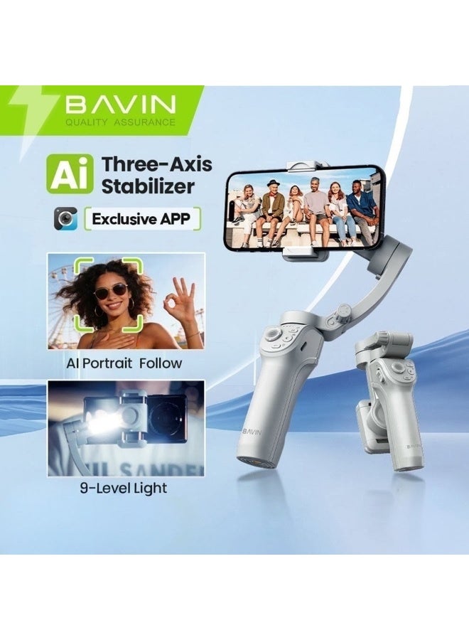 Bavin AP30 Foldable 3-Axis Smartphone Gimbal Stabilizer with Tripod, Fill Light, and AI-Powered Smart Face Tracking - Image 1