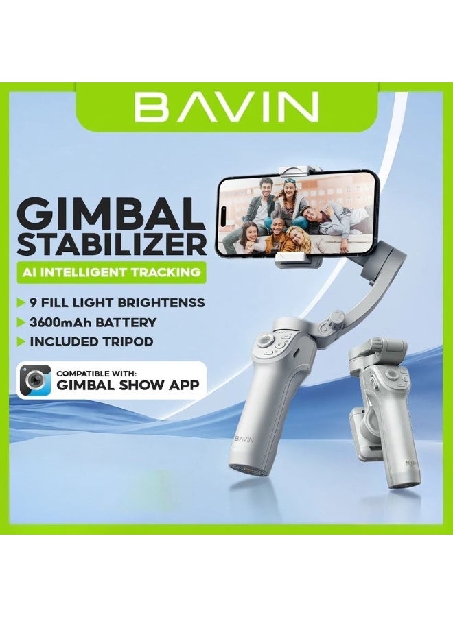 Bavin AP30 Foldable 3-Axis Smartphone Gimbal Stabilizer with Tripod, Fill Light, and AI-Powered Smart Face Tracking - Image 2