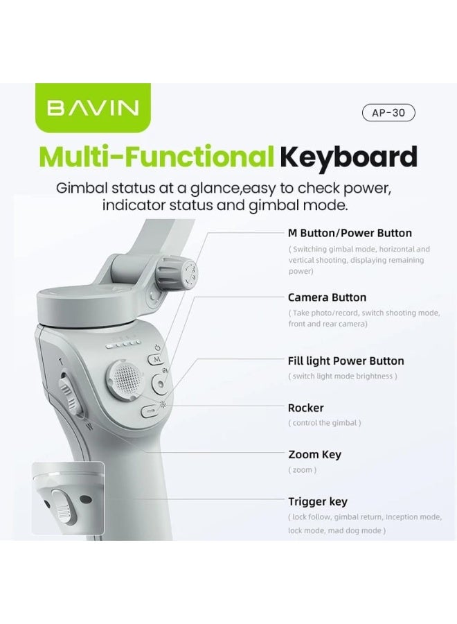 Bavin AP30 Foldable 3-Axis Smartphone Gimbal Stabilizer with Tripod, Fill Light, and AI-Powered Smart Face Tracking - Image 5