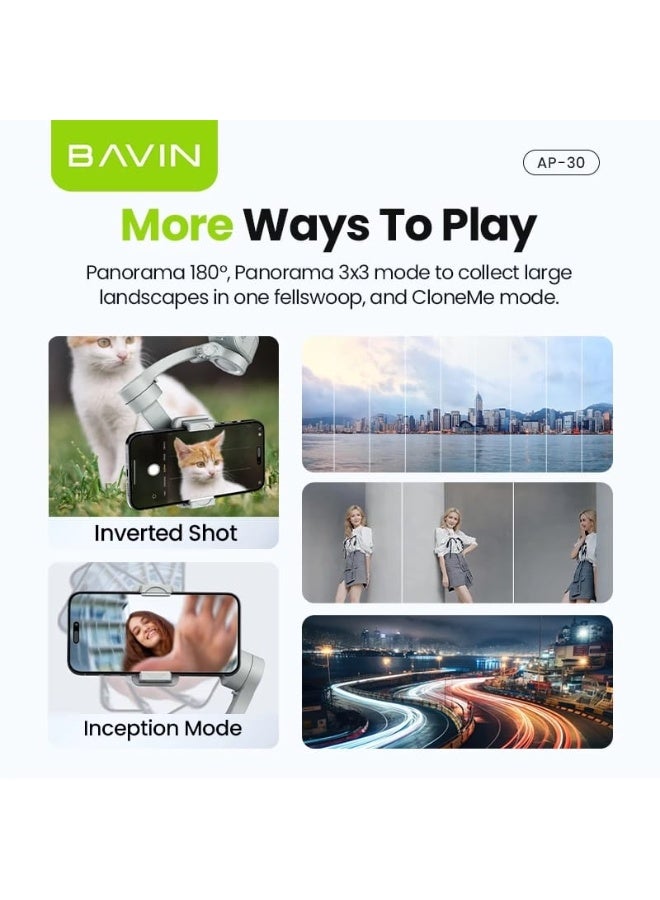 Bavin AP30 Foldable 3-Axis Smartphone Gimbal Stabilizer with Tripod, Fill Light, and AI-Powered Smart Face Tracking - Image 4