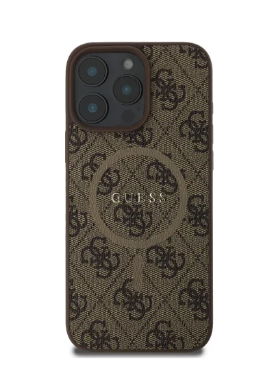 GUESS MagSafe PU 4G Hard Case with Classic Logo for iPhone 16 Pro Max/ Shock Absorption/  Raised Bezels/ Slim and Lightweight- Brown
