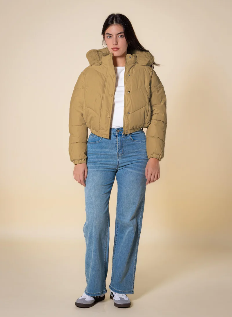 Shapes Beige CROP DETAILED PUFFER JACKET for Women | Best Price UAE