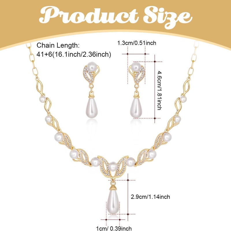 HANNEA® Pearl Necklace Set for Women Girls Luxury Golden Pearl Necklace with Earrings Set, Glamorous Crystal Jewellery Set for Wedding, Party, Gowns, Evening Dresses - Image 2