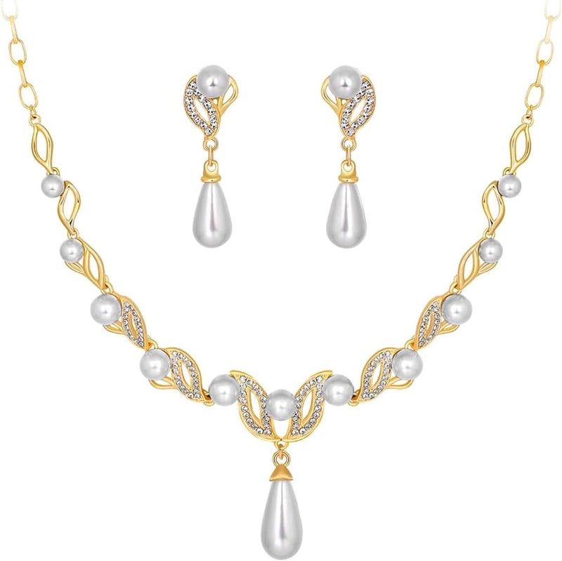 HANNEA® Pearl Necklace Set for Women Girls Luxury Golden Pearl Necklace with Earrings Set, Glamorous Crystal Jewellery Set for Wedding, Party, Gowns, Evening Dresses - Image 1