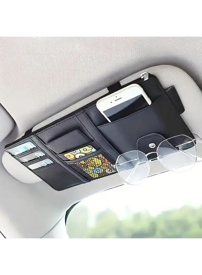 Universal Car Visor Organizer Black With Multiple Card Slots Zippered Pocket And Hanging Mesh Bag Multi Functional Storage Clip For Documents Bills Fashion Glasses Easy Install Car Accessory - Image 1
