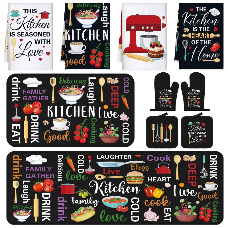 Fourluoo 10 Pcs Farmhouse Kitchen Decor and Accessories Set 4 Kitchen Towels 2 Pot Holders 2 Oven Mitts 2 Rugs for Cooking Baking Mom Housewarming Gifts(Bright Color, Novel Style) - Image 1