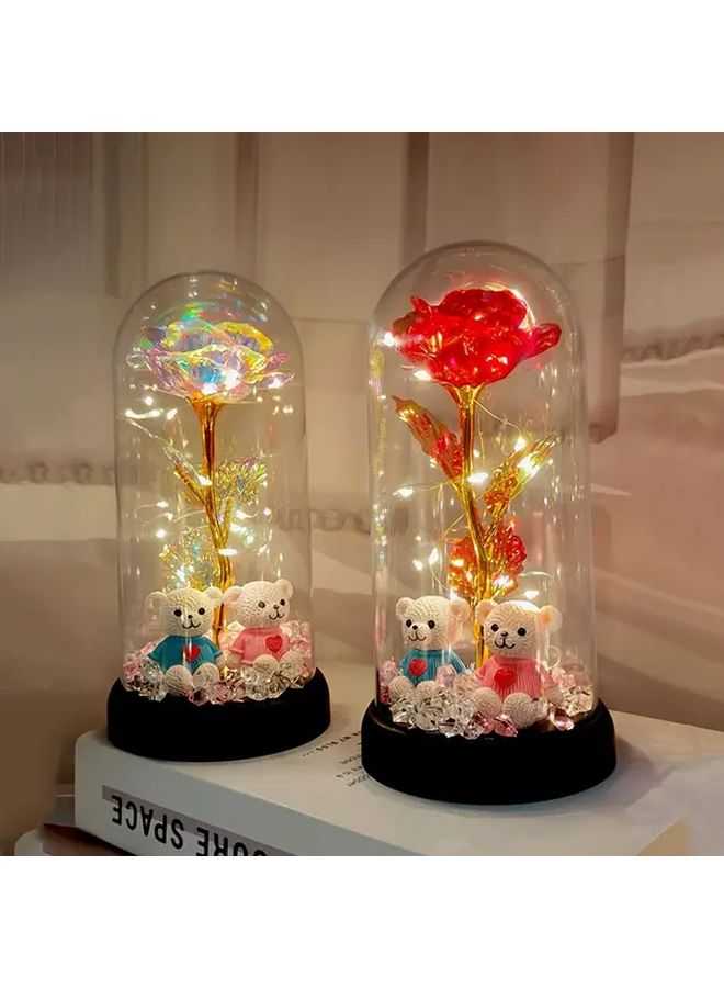 وعاء زهور من بلورات الماس الوردي اللامع مع دبين مزين بالورود الوردية، يعمل بالبطاريات، ديكور للمنزل - Image 3