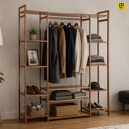 LEOPAX Bamboo Garment Rack with 2 Shelves & 4 Hooks | Clothes Rolling Hanging Rail for Shoes, Hats and Scarves in The Hallway, Living Room, Guest Room (Size : 100 x 37 x 175cm) Beige - Image 2