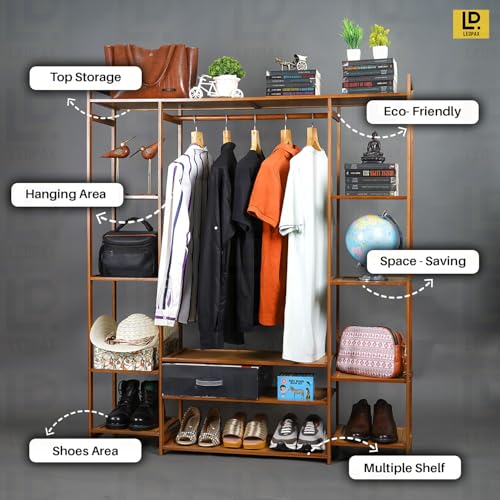 LEOPAX Bamboo Garment Rack with 2 Shelves & 4 Hooks | Clothes Rolling Hanging Rail for Shoes, Hats and Scarves in The Hallway, Living Room, Guest Room (Size : 100 x 37 x 175cm) Beige - Image 3