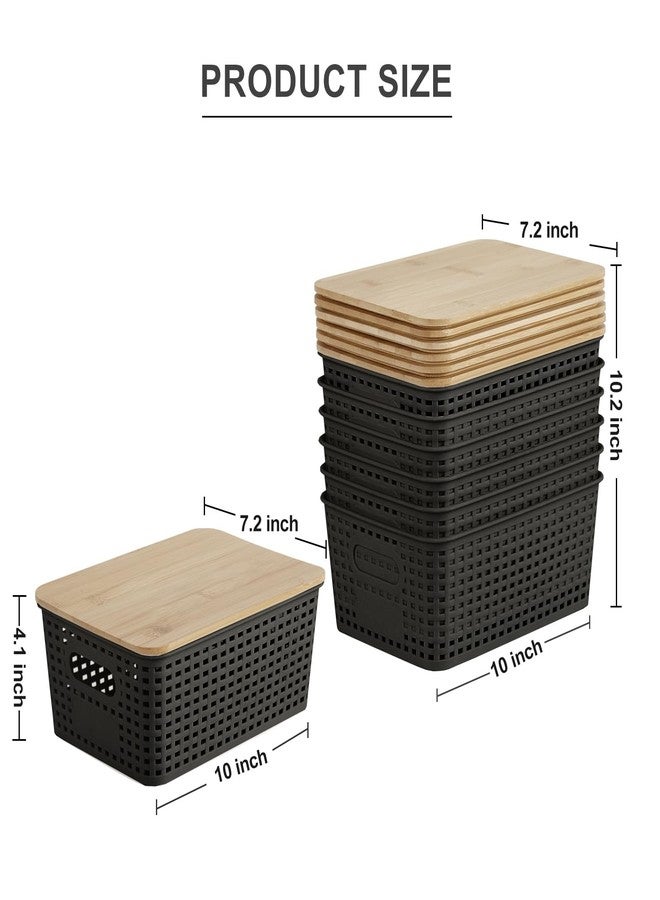 Bagnizer Plastic Storage Bins with Bamboo Lids Stackable Box Basket Pantry Decorative Containers Cute with Lable for Organizing Desktop Closet Office Black of 6 packs 10 * 7.2 * 4.1'’ - Image 2