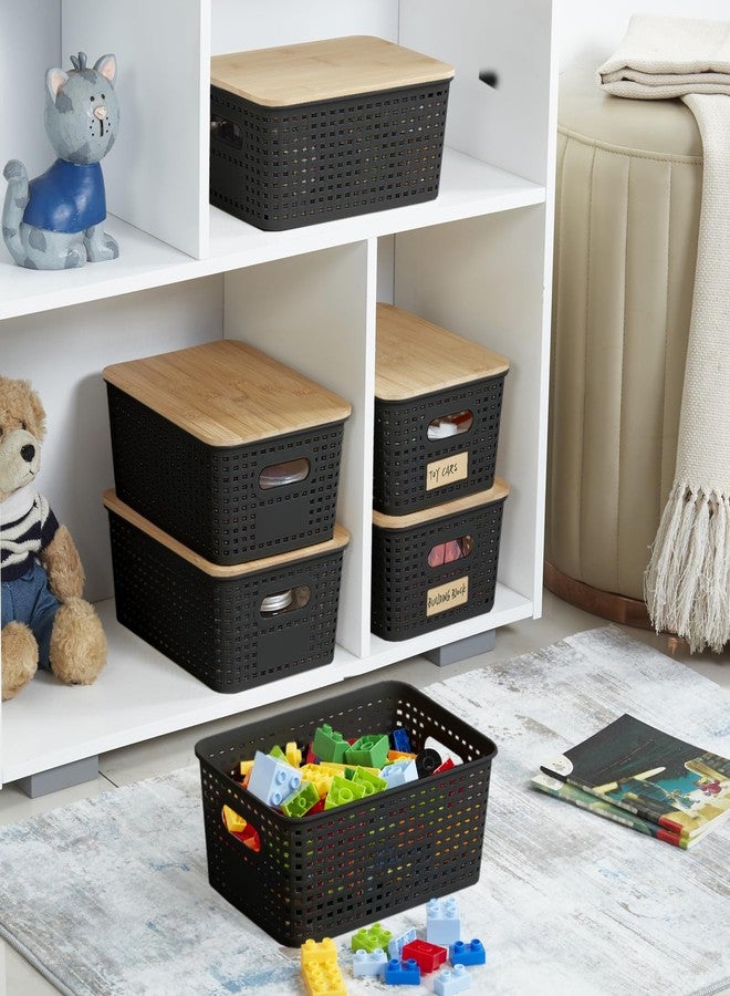 Bagnizer Plastic Storage Bins with Bamboo Lids Stackable Box Basket Pantry Decorative Containers Cute with Lable for Organizing Desktop Closet Office Black of 6 packs 10 * 7.2 * 4.1'’ - Image 4
