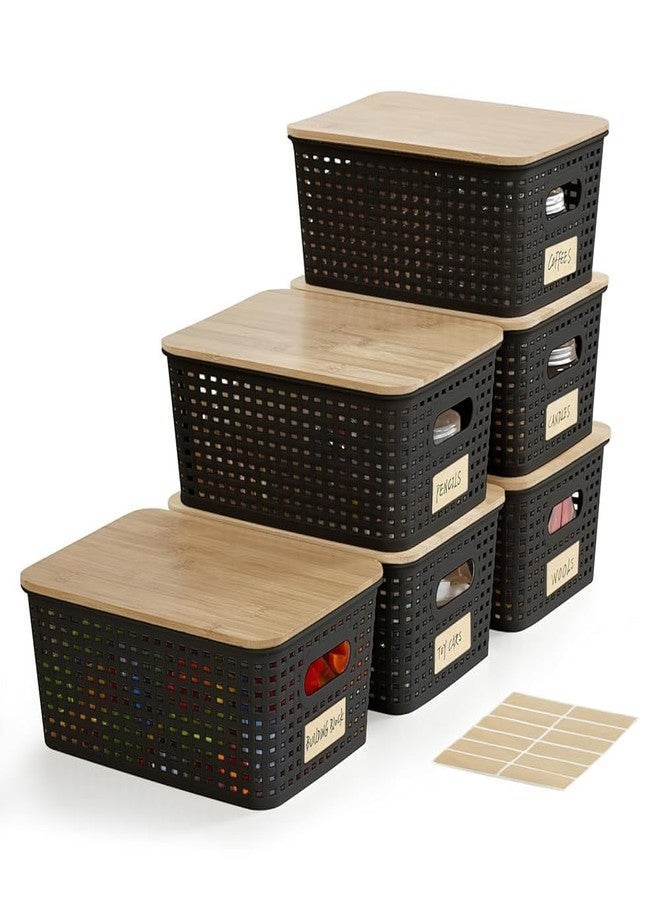 Bagnizer Plastic Storage Bins with Bamboo Lids Stackable Box Basket Pantry Decorative Containers Cute with Lable for Organizing Desktop Closet Office Black of 6 packs 10 * 7.2 * 4.1'’ - Image 1