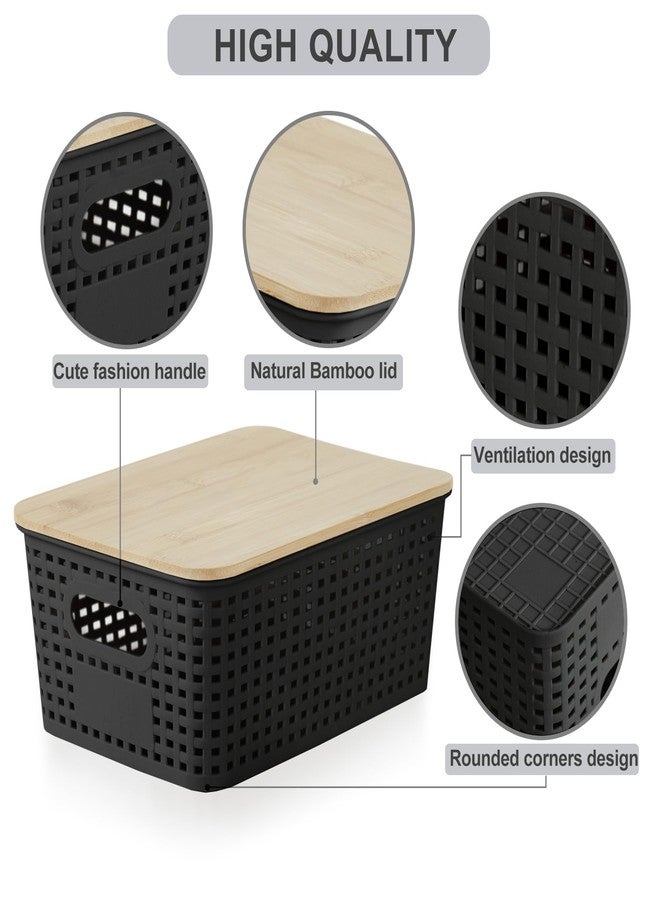 Bagnizer Plastic Storage Bins with Bamboo Lids Stackable Box Basket Pantry Decorative Containers Cute with Lable for Organizing Desktop Closet Office Black of 6 packs 10 * 7.2 * 4.1'’ - Image 3