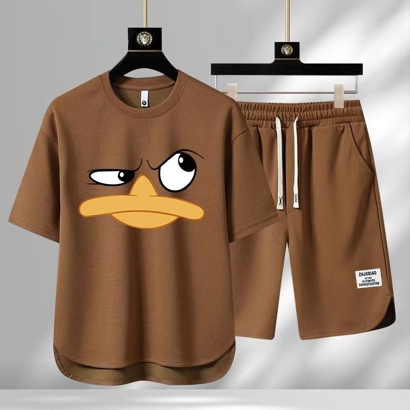 Euro-American Trendy Duck Print Mens Casual Summer Outfit Brown - Image 1