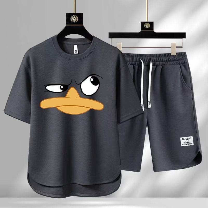 Euro-American Trendy Duck Print Mens Casual Summer Outfit Brown - Image 4